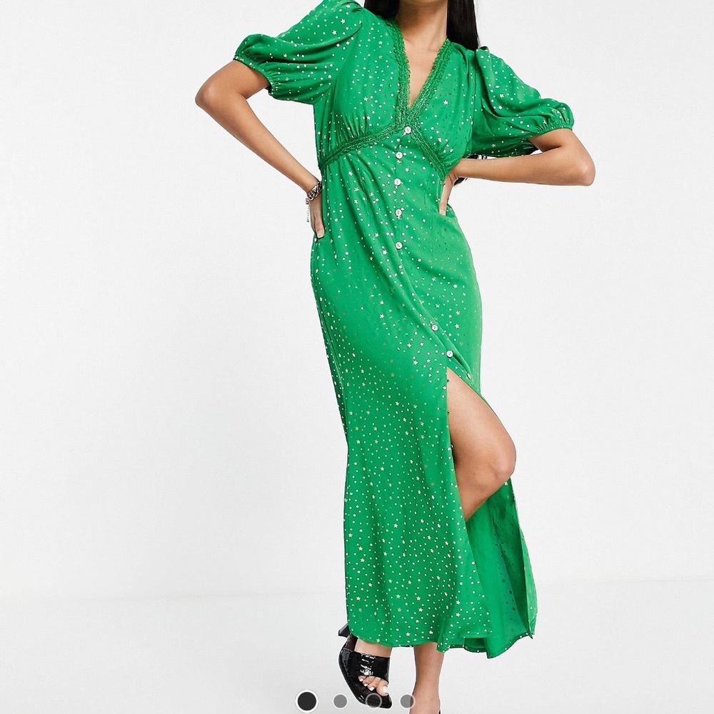 never fully dressed lindos midaxi tea dress in green stars